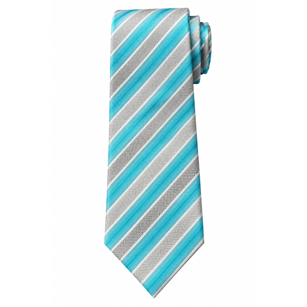 Retro Mens Necktie Turquoise Blue White Grey Striped Hand Made Formal Silk Feel